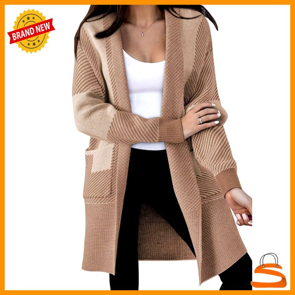 Oversized Knit Cardigan Long Sleeve Open Front Color Block Casual Sweater